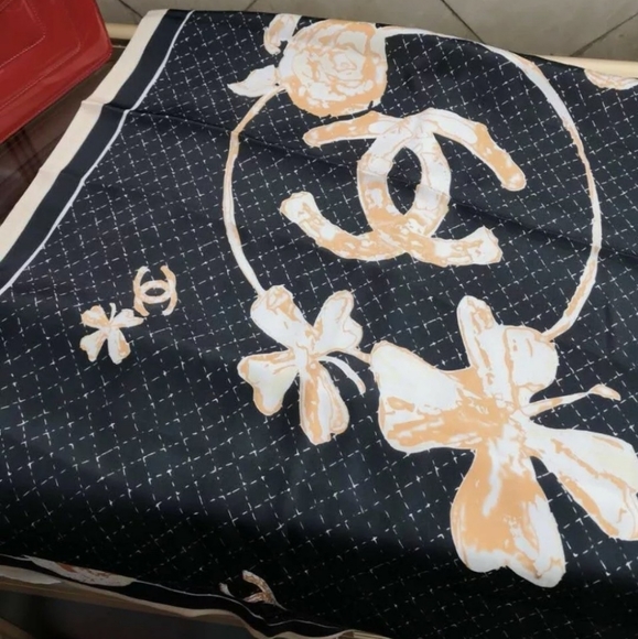 AUTHENTIC BLACK CHANEL LONG SILK SCARF - Picture 7 of 9